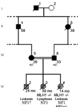Fig. 1. Simplified pedigree of the HNPCC kindred TF3 with MLH1 gene mutation. Filled symbols indicate colon cancer; shaded symbols indicate neurofibromatosis type 1