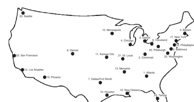 Figure 4 Names and geographical locations of the cities in the CAB data set.