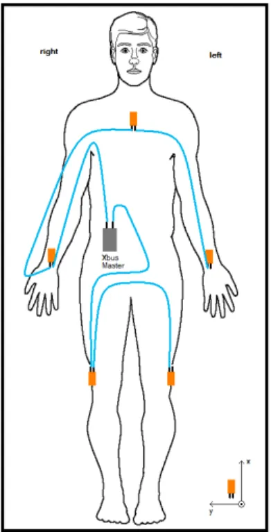 Figure 2.8: Connection diagram of MTx sensor blocks (body figure is adopted from http://www.answers.com/body breadths).