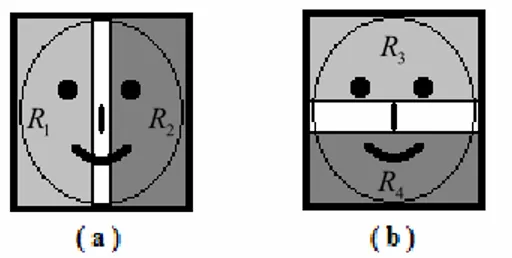 Figure 3: Two-rectangle feature regions. White area between the feature regions is a “dead-zone” in which no summation is carried  out, (a) vertical-cut, (b) horizontal-cut of face candidate regions.