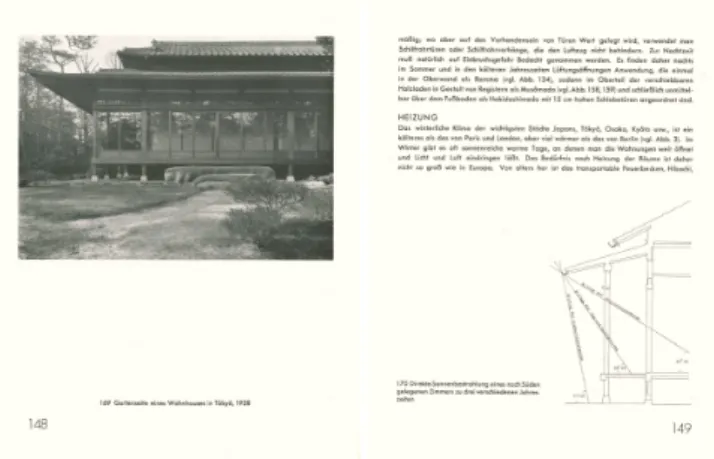 圖  5  吉田的照片「一個住宅的庭院」（左）和圖解「陽光在三個不同季節中直射南向房間」（右）。來源 : Tetsuro Yoshida,  Das Japanische Wohnhaus , (Verlag  Ernst Wasmuth, Berlin, 1935), 148-149 。