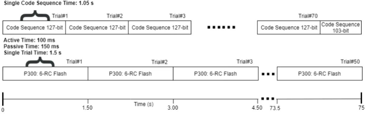 Figure 2.4: Single c-VEP code sequence took 1.06s and single P300 flashing sequence took 1.5s
