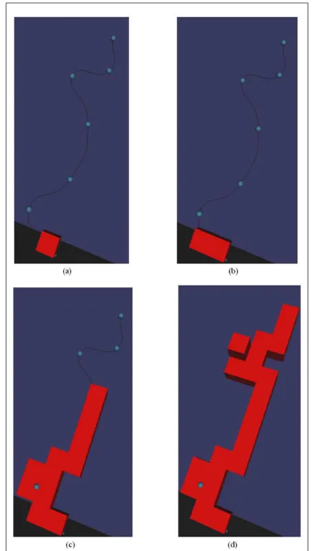 Figure 3.7: Marching cells algorithm. (a)Marching starts at strand root; (b)texel conversion for two cells; (c) conversion is getting closer to end; and (d) completed conversion.