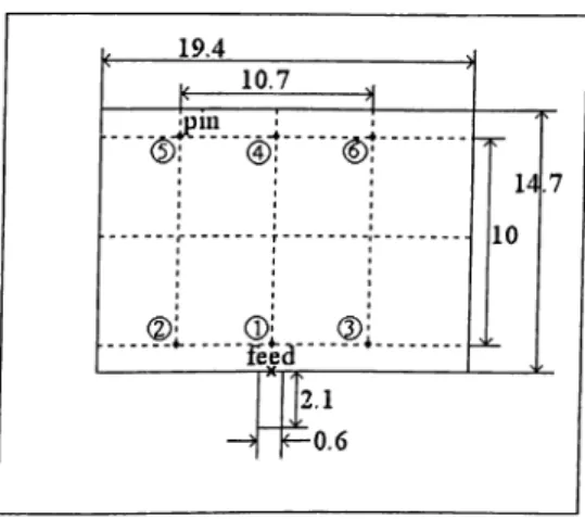 Figure  3.3:  The  geometry  of  rectangular  patch  with  shorting  pins.  All  dimensions  are in cm,  h = 0.316 cm,  6r= 2.62,  5 = 0.001,  a = 270 Kmho/cm.