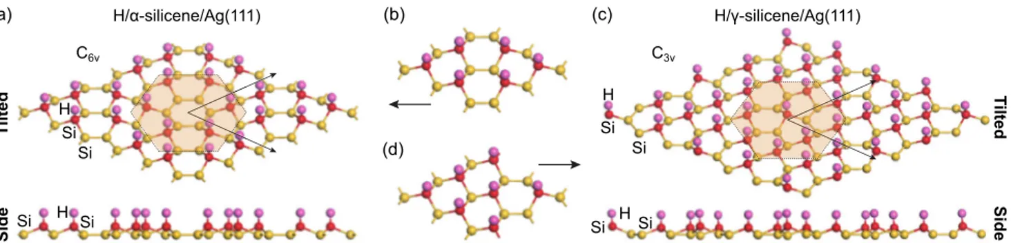 FIG. 3. Tilted and side views of the ball-and-stick model of hydrogenated (a) α- and (c) γ -silicene