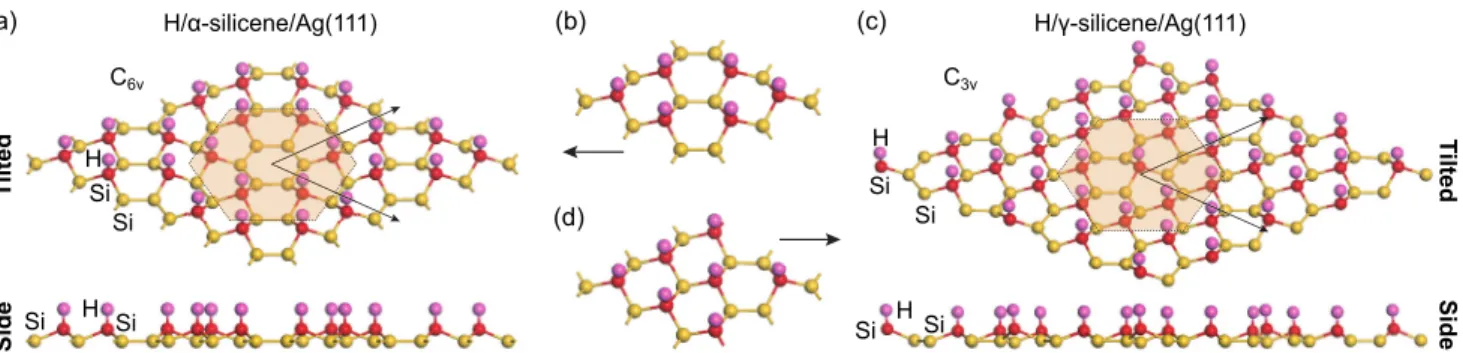 FIG. 3. Tilted and side views of the ball-and-stick model of hydrogenated (a) α- and (c) γ -silicene
