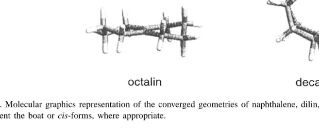 Fig. 1. Molecular graphics representation of the converged geometries of naphthalene, dilin, tetralin, octalin and decalin