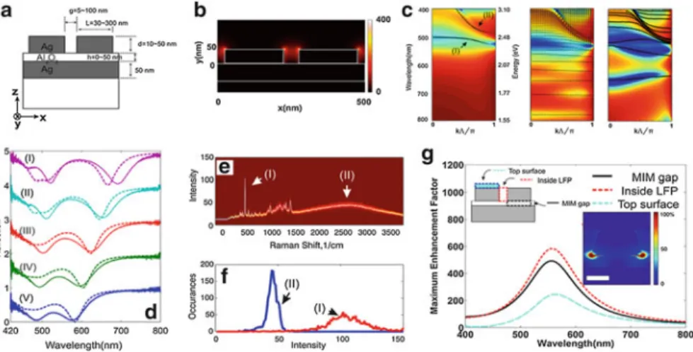 Fig. 14.3 Engineering high-performance plasmonic substrates. (a) Basic Metal-Insulator-Metal (MIM) structure used for high uniformity SERS enhancement