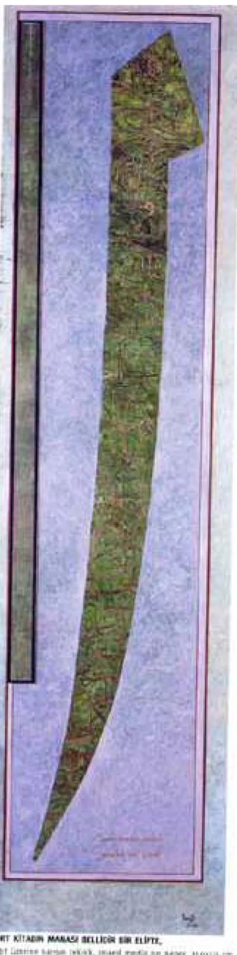 Fig. 7. Dört Kitabın Manası bellidir bir Elifte. Erol Akyavaş. Mixed media on paper,150×50,1986.(Akyavaş 132)