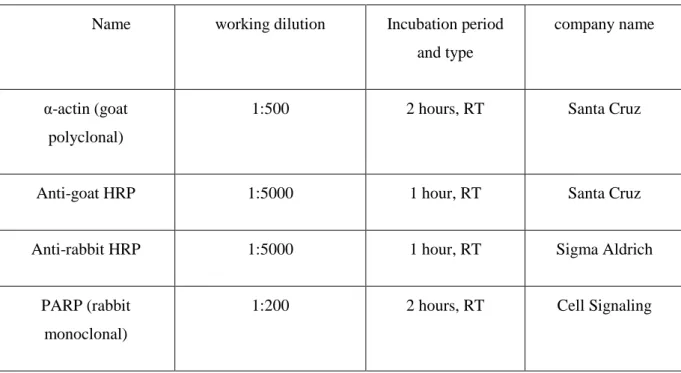 Table  3.1:  Antibody  list:  All  antibodies  used  are  listed  together  with  their  working  dilutions and incubation periods