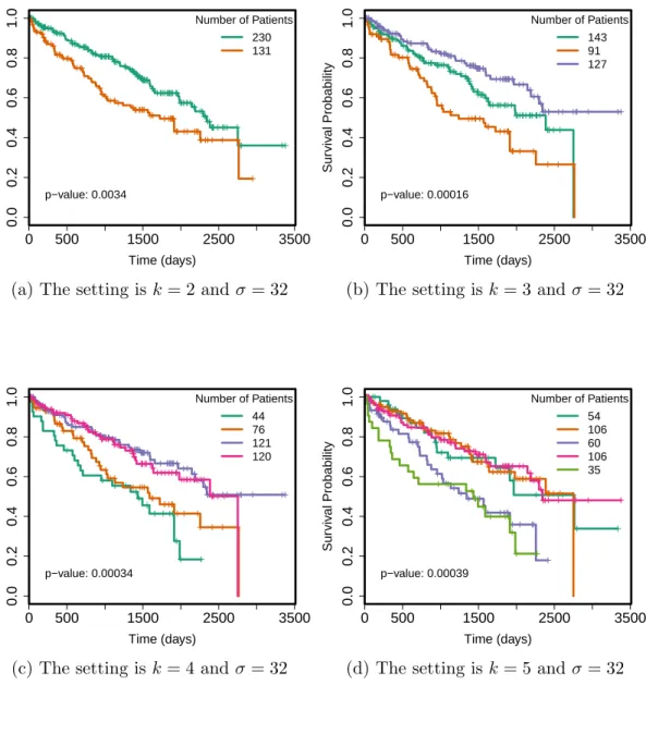 Figure 4.2: Kaplan-Meier plots of experiment utilizing LMKKM with RBF kernel on genes in pathways