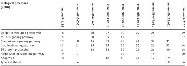 Table 1: KEGG enrichment analysis of number of potential mRNA targets of the lipotoxic ER stress associated miRNAs (Partial list).