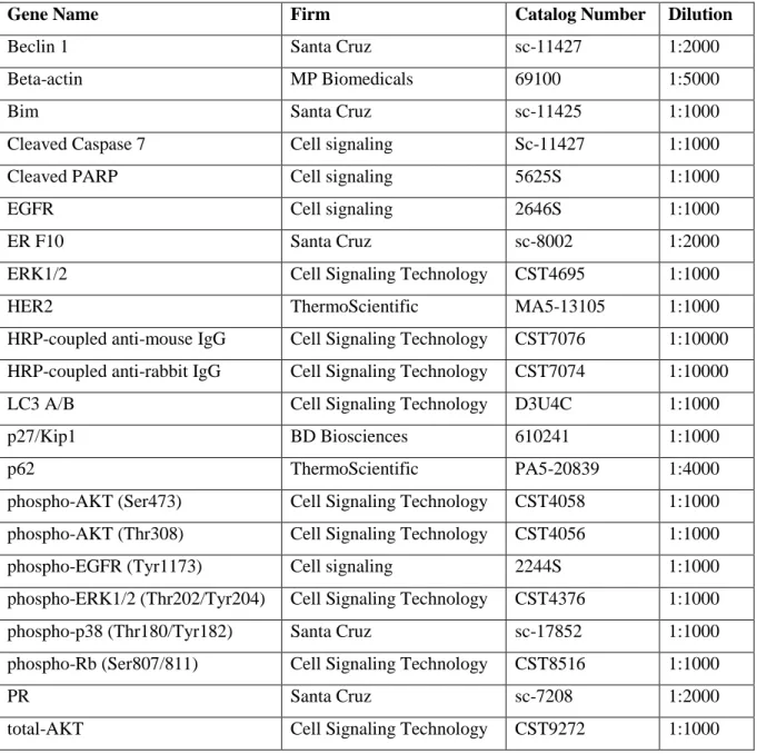 Table 9. List of Western Blot antibodies. 