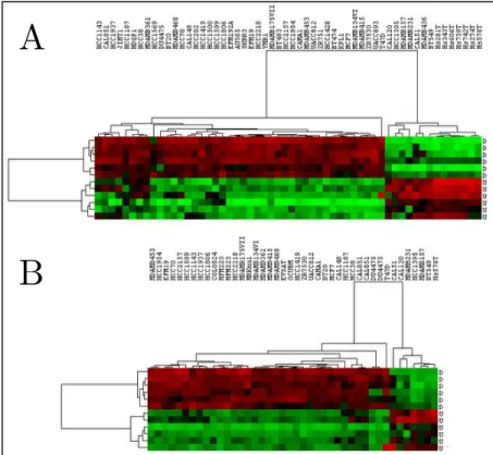 Figure 3.4: Hierarchical clustering of breast cancer  cell lines in CCLE (A) and CGP (B) databases based  on 12-gene signature