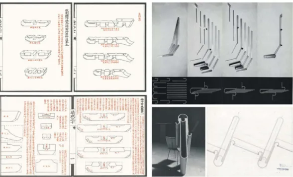 Figure 3. (left above) The illustrations (the Qing Dynasty revision) of detailed mortises and tenons in structural carpentry – inclined rafters and bracketing units, and (left below) the way of tapering bracketing units and horizontal roof beams (the Qing 