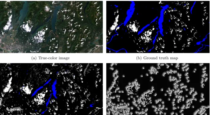 Figure 10: A 2, 115 × 1, 070 section of the LANDSAT scene and its classification without and with using spatial contextual information