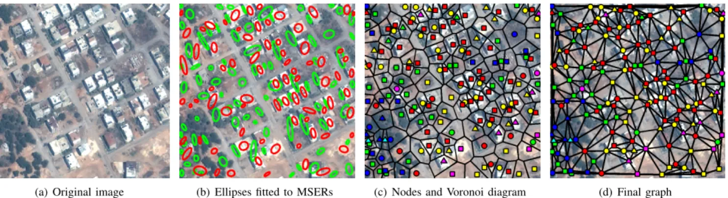 Figure 1. Feature extraction and graph construction steps. MSER+ and MSER- ellipses are shown as green and red, respectively, in (b)