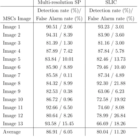 Table 2.1: Comparison of cell detection in MSC images using multi-resolution super-pixels and SLIC.