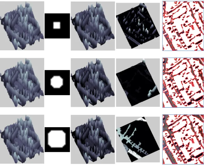 Figure 16-D. Illustration of the closing profile obtained using increasing SE sizes. Each row  shows the results for an increasing SE series