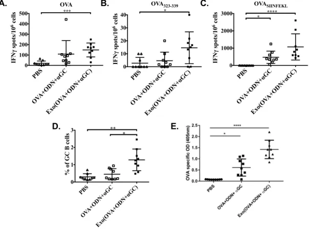 Figure 3.7. Antigen specific T-cell responses and antibody production are more  pronounced by CpG ODN and αGC loaded into exosomes than their free form