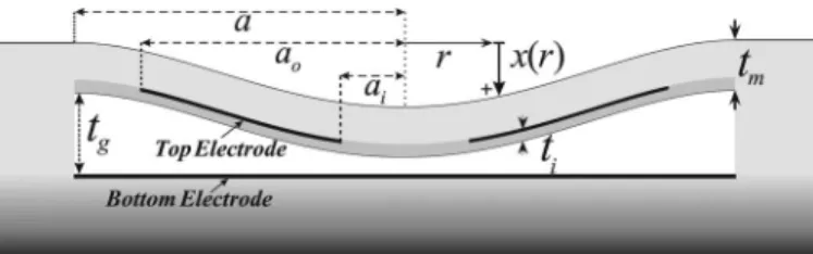 Fig. 1. Two-dimensional view and the dimensional parameters of the  circular capacitive micromachined ultrasonic transducer (cMUT)  geom-etry.