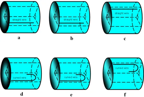 Figure 1. Gel phantoms with straight and curved wires. Fiber-optic temperature measurements were performed near the tips of the lead wires