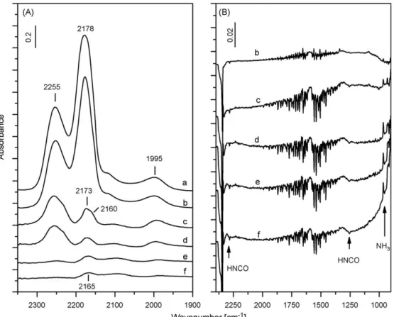 Fig. 14. FT-IR spectra collected during exposure of the AuCeAl20 sample for 15 min to a (5 mbar NO + 10 mbar CO + 3 mbar H 2 ) mixture at 300 8C followed by evacuation for 15 min at the same temperature and cooling to room temperature with subsequent addit