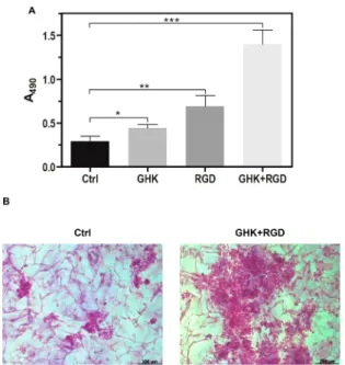 Figure 9. Eﬀect of immobilized RGD and GHK motif based peptides on migration of 3T3 cells into CD-modi ﬁed pHEMA cryogel (4.6%