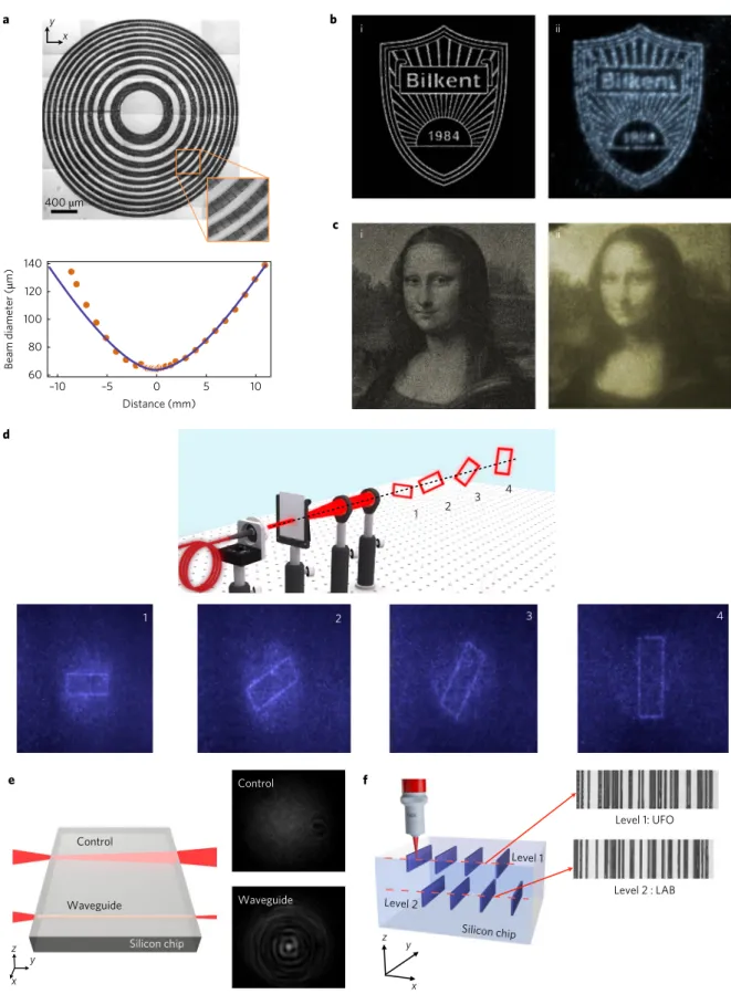 Fig. 3 | Functional in-chip optical elements and information storage. a, Top: composite infrared transmission microscope image of a subsurface FZP lens