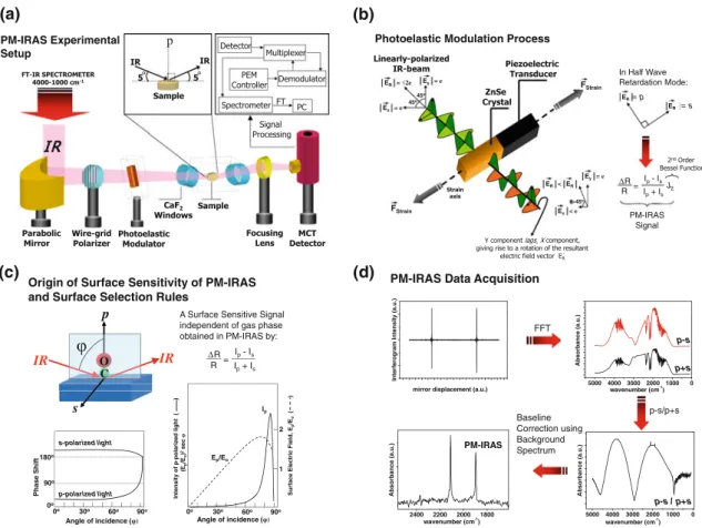 Fig. 1 Basic operational principles of PM-IRAS [17, 18]. a Experimental setup, b description of the PM process, c origin of PM-IRAS selection rules and surface sensitivity, d typical stages of the PM-IRAS data acquisition process (see text for details)