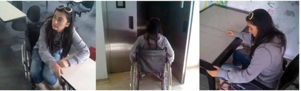 Figure 2. A student with a wheelchair faces problems with classroom furniture and elevator thresholds.