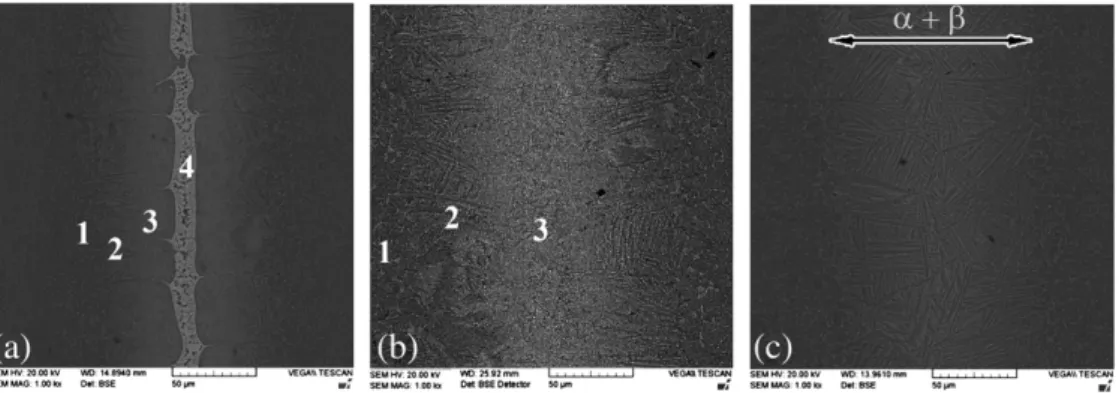 Fig. 4 – SEM BEIs of furnace brazed Ti–6Al–4V/STEMET 1406 specimens with various brazing conditions: (a) 990 °C–600 s, (b) 990 °C–1200 s and (c) 990 °C–1800 s.
