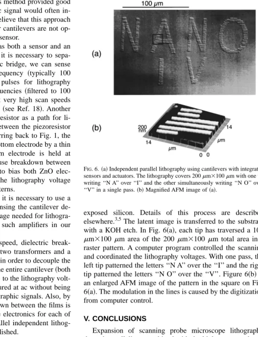 Figure 6 ~a! shows an optical image of a large scale inde- inde-pendent parallel lithographic pattern using the open and closed feedback system
