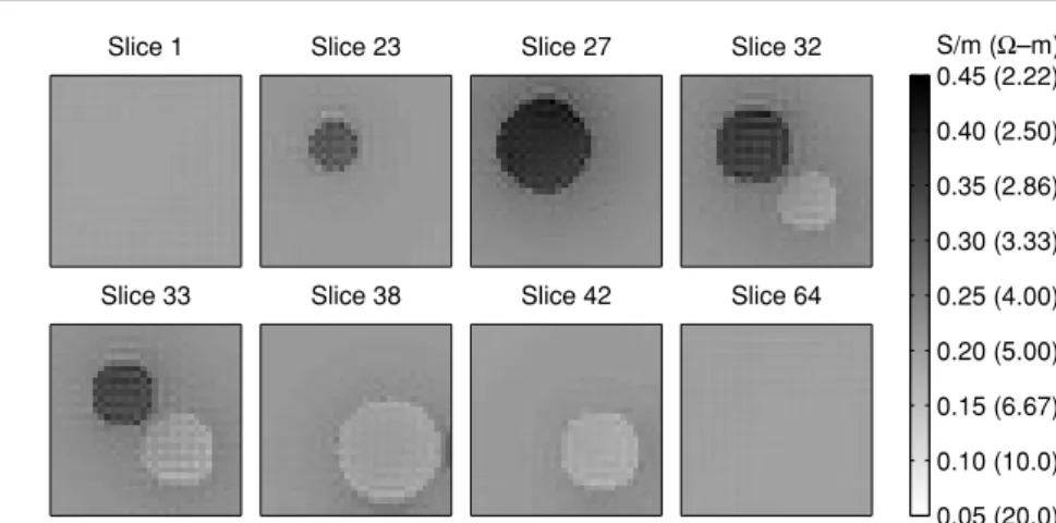 Figure 5. Fifth iteration reconstructed conductivity distributions for eight different slices of the first simulation phantom.