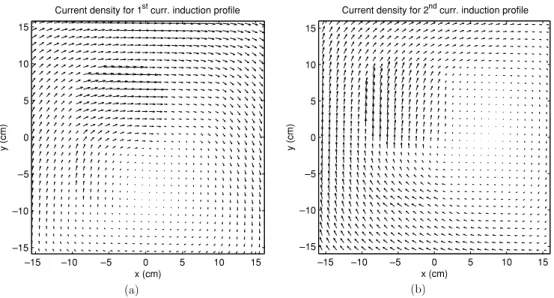 Figure 11. (a) A vector plot of the current density distribution for slice 32 of the first simulation phantom for the first current induction profile