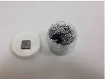 Figure 2.1: A 1 cm × 1 cm HOPG sample (left), and graphite flakes (right).
