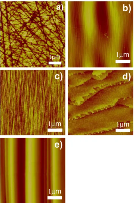 Fig. 1. 4H-SiC substrates’ surface morphology of (a) as-received substrate (orientation 81 off-axis), (b) 8E, (c) 8SIE, (d) 0E and (e) 4E, after surface preparation (scan size:
