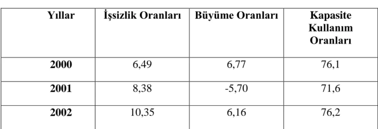 Çizelge 13. Türkiye’de İşsizlik Oranları, Büyüme Oranları, Kapasite Kullanım  Oranları (2000-2002) 