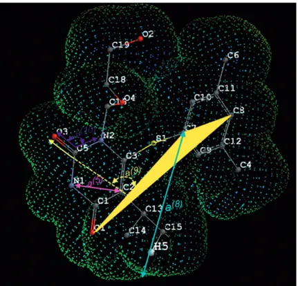 Figure 5. Van der Waals surface of the reference compound. a (8) is the angle between C7-C8-O1 plane shown in yellow and O3-C5 line