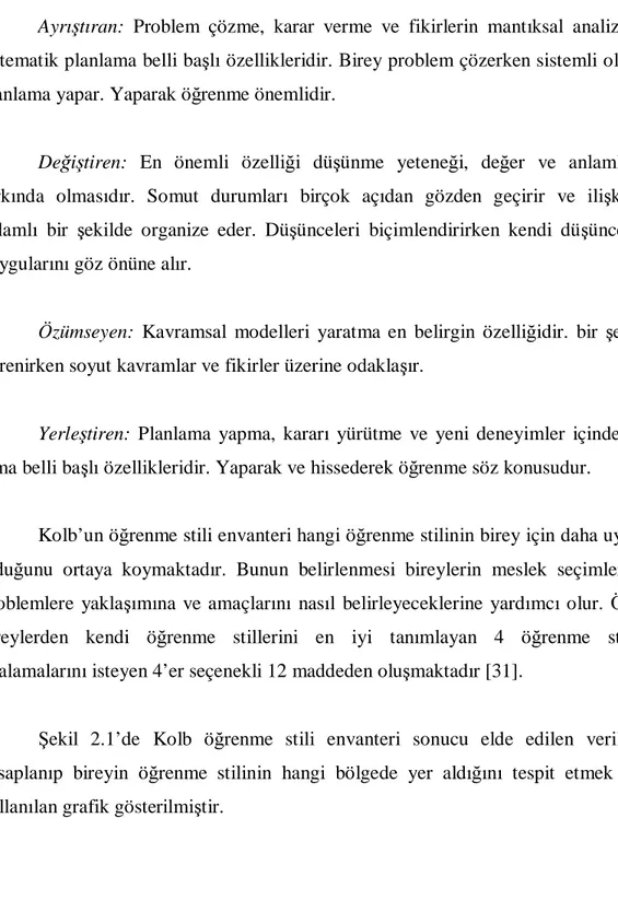 Şekil  2.1’de  Kolb  öğrenme  stili  envanteri  sonucu  elde  edilen  verilerin  hesaplanıp  bireyin  ö ğrenme  stilinin  hangi  bölgede  yer  aldığını  tespit  etmek  için  kullanılan grafik gösterilmi ştir