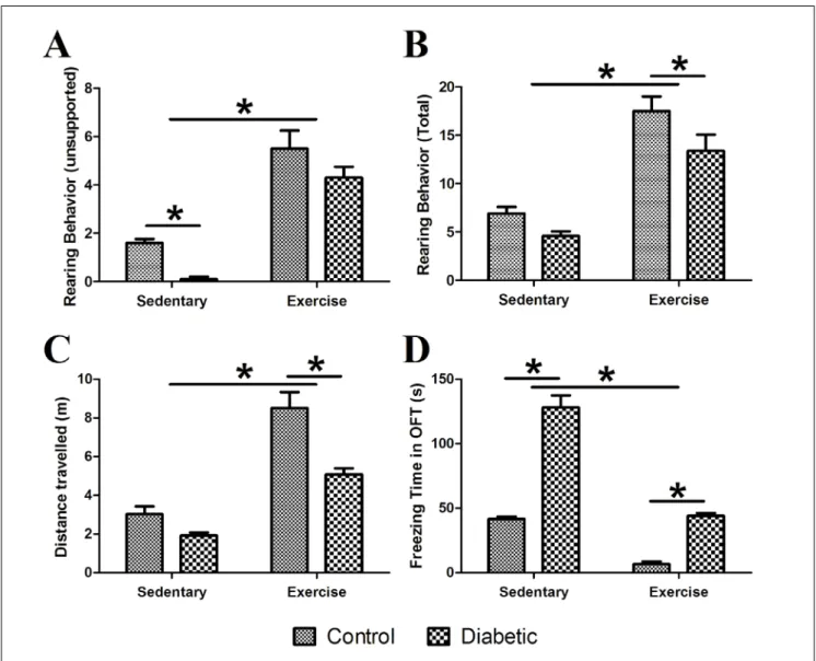 Fig. 4. Parameters that evaluate the quiescence and locomotion of animal in OFT. (A) Unsupported rearing behavior (B) Total rearing behavior (C) Distance  traveled (D) Freezing time (*: p<0.05; X±SE).