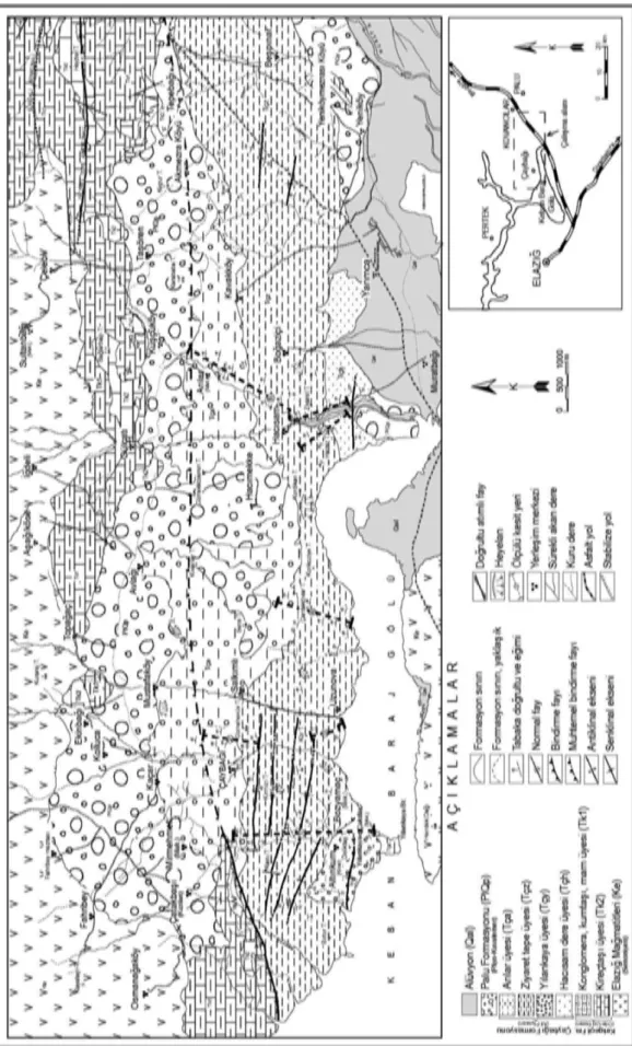 Şekil 2.Çalışma alanının jeoloji haritası (Türkmen, 1988 ve Çelik, 1994’den değiştirilerek alınmıştır) Figure 2