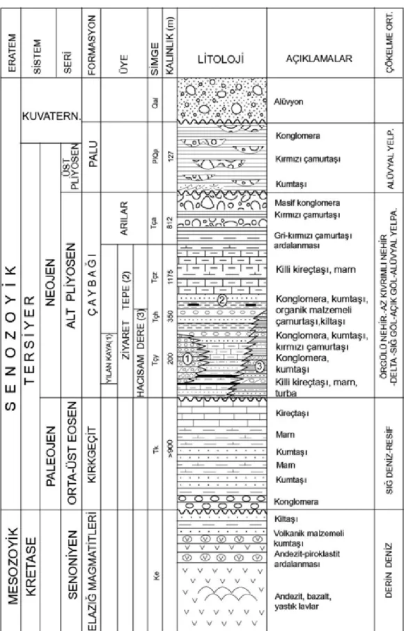 Şekil 3.  İnceleme alanının genelleştirilmiş stratigrafik kesiti (ölçeksiz).