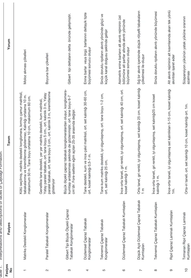 Çizelge 1. Çaybağı Formasyonu’na ait fasiyes tanımlamaları ve yorumları. Table 1.Interpretations and descriptions of facies of Çaybağı Formation