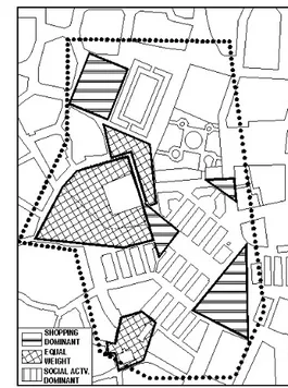 Figure 12. Enclosure levels  Figure 13. Balance of shopping activity-social activity  5) Distribution of Nodes (linear/planar distribution): As expressed before, planar distribution of urban  ele-ments in an urban area demonstrates that a multi-directional