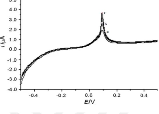Şekil 1.9 Tek duvarlı karbon nanotüp kaplı camımsı karbon elektrotta doğrusal taramalı voltammetri (LSV) ile - -0.8 V’da 120 s biriktirme yapıldıktan sonra alının ölçümler