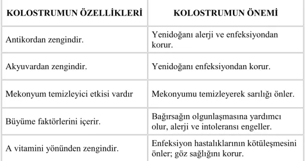 Tablo 2.2. Kolostrumun özellikleri ve önemi (T.C. Sağlık Bakanlığı, Emzirme                     Danışmanlığı El Kitabı, 14.Ekim.2018)