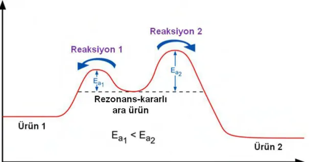 Şekil 2.9: Kinetik kontrollü (Reaksiyon 1) ve termodinamik kontrollü (Reaksiyon 2) reaksiyonlar  [48]