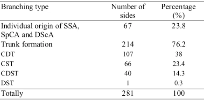 Table  I.  Branching  types  of  arteries  and  trunks  within  the lateral cervical region detected in this study.