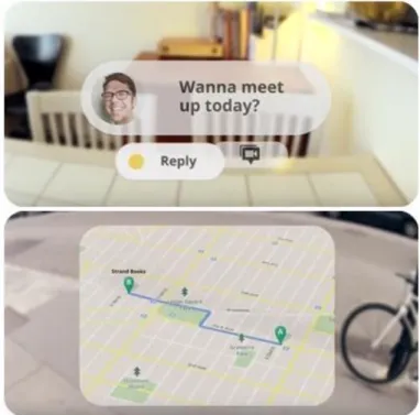 Şekil 2.8’de Google Project Glass’da mesajlaşma ve navigasyon arayüzlerinin  gözlüğe yansıyan kullanıcı arayüzü görüntüleri verilmiştir